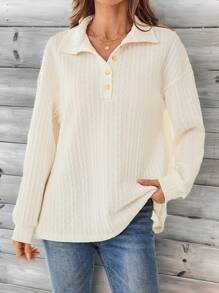 EMERY ROSE Women's Casual Solid Color Drop Shoulder Sweatshirt, Spring Autumn - Apricot - View 2