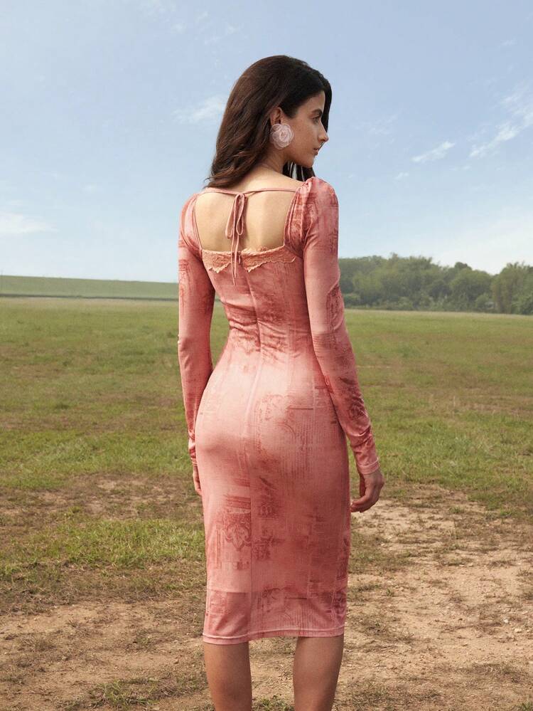 オレンジとピンクのコントラストレース、長袖フラワープリントドレス