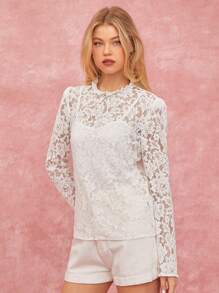 Enchnt Ensemble chemise à col montant transparent et débardeur pour femmes - Beige - Voir 3