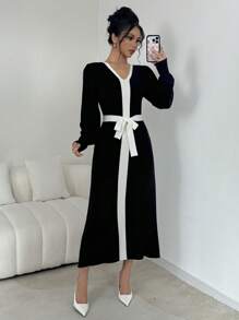 Elenzga Váy len dài tay thanh lịch cổ chữ V phối màu - màu đen - Xem 1