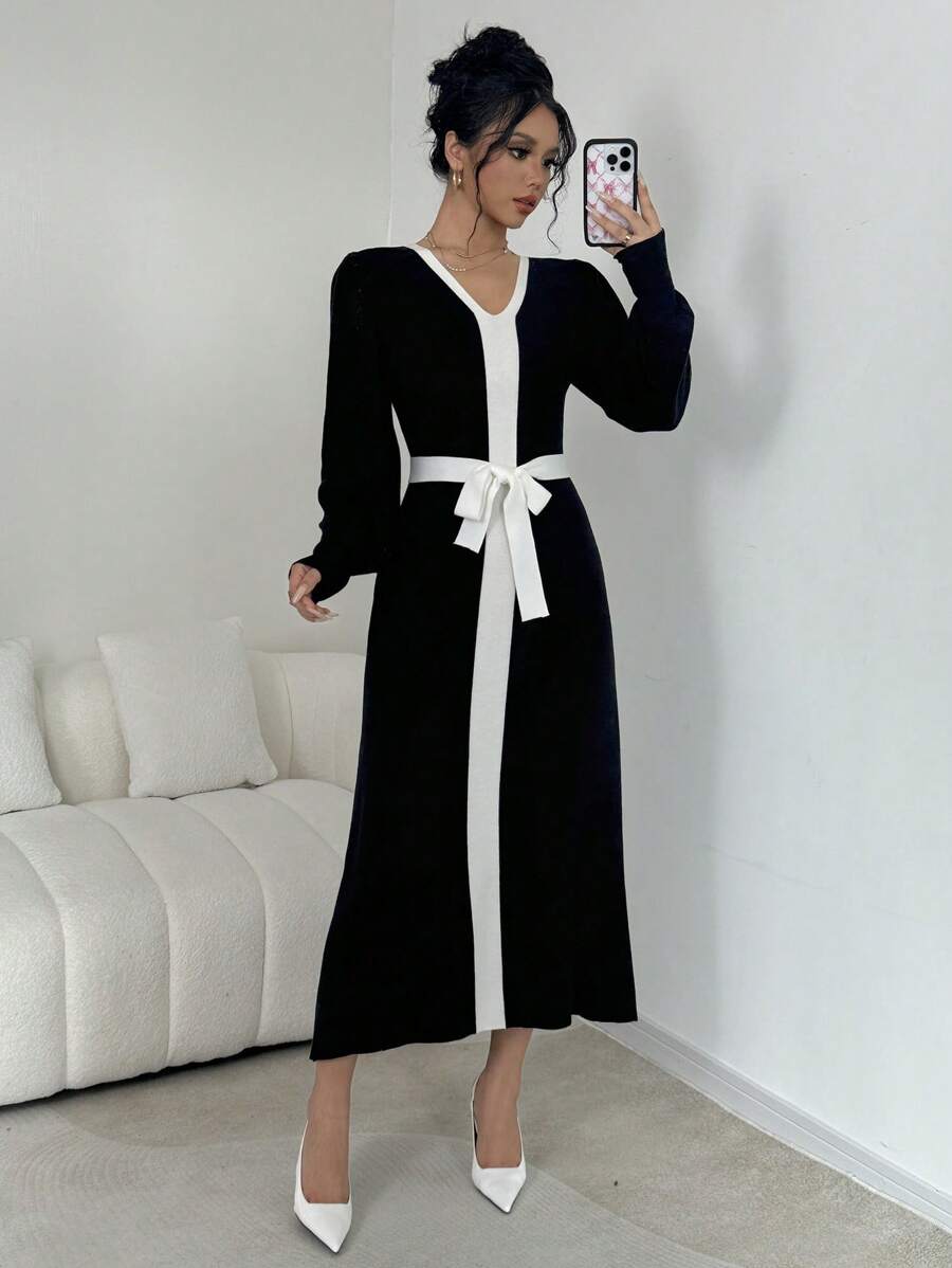 Elenzga Váy len dài tay thanh lịch cổ chữ V phối màu - màu đen - Xem 1