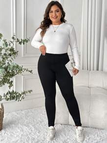 EMERY ROSE Plus Size Comfortable Warm Stretchy Colorblock Thermal Lined Leggings - Black - View 4