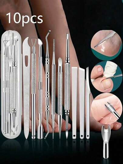 SHEIN 10-i-1 pedikyrsats, fotvårdssats i rostfritt stål för hem- och salongsvård, filare, bärbar förvaringslåda medföljer, resesats, väska, arrangör, förvaringsjul för julklappsutdelning