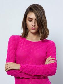 Maija Women's Solid Color Crew Neck Long Sleeve Fitted Bodysuit, Spring & Summer - Hot Pink - View 6