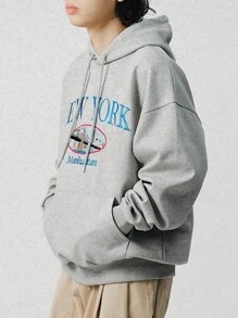 DAZY 男士秋季刺绣长袖连帽衫 - 灰色 - 查看 8