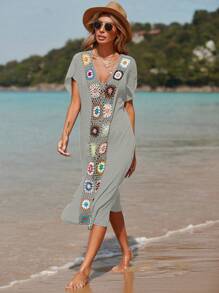 SHEIN Swim 女士 V 领短袖蝙蝠翼刺绣时尚海滩罩衫 夏季 - 灰色 - 查看 7