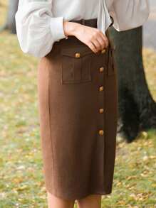 Vintamour Chân váy bút chì ôm dáng thanh lịch cổ điển dành cho nữ, màu nâu, có chi tiết cúc cài và thắt lưng, thích hợp cho mùa thu đông, phong cách công sở quý tộc thập niên 90, dự tiệc thời Phục Hưng, hội chợ dành cho giới thượng lưu. - Cà phê nâu - Xem 5