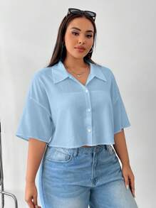 Comfortcana Plus Size Women's Casual Solid Color Short Shirt For Summer - Blue - View 5