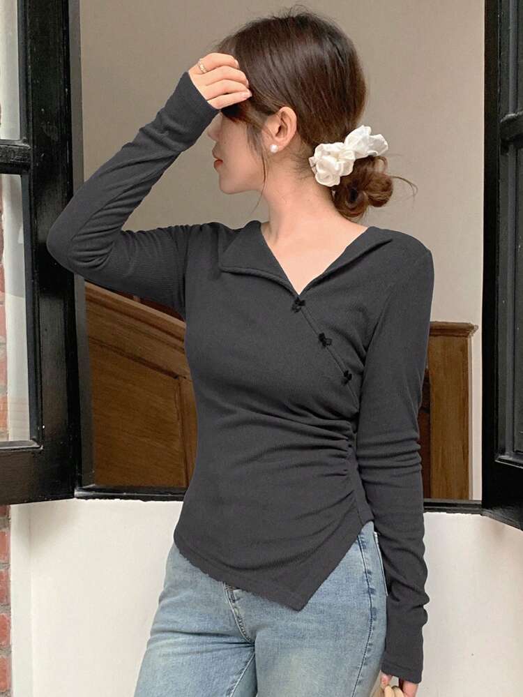 Women's Asymmetrical Neck Bow Decor Slim Fit Long Sleeve T-Shirt, Fall Tee,Back To School Clothes