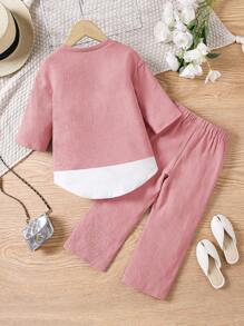 SHEIN Leap Crew 2 件套年轻女孩休闲针织拼布圆领长袖衬衫和长裤套装 - 粉色 - 查看 3