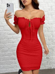 SHEIN EZwear Vestido ajustado de punto con hombros descubiertos - Rojo - Ver 6