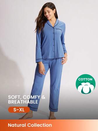 LUVLETTE Autumn And Winter Soft 100% Pure Cotton Basic Shawl Collar Long Women Pajama Set Lounge Sets For Women Fall Pajamas