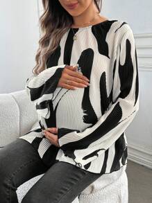 SHEIN Maternity Ripple Print Tie Back Long Sleeve Blouse , And White Blouse