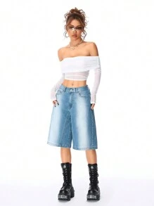 SHEIN EZwear Short de mezclilla azul claro desgastada para mujer