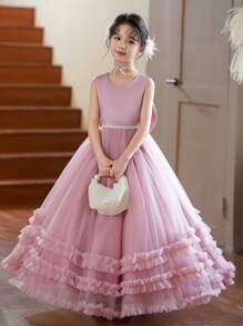 SHEIN Tween Girls' Luxury Fashion Chiffon Dress, Elegant Princess Style Dress Ball Gown For Piano Performance And Hosts - Pink - View 4