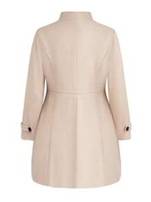 Plus Size Stand Collar Double Breasted Woolen Long Sleeve Jacket, Autumn Winter - Apricot - View 2