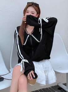 DAZY Women's Color Block Trim Knot Peter Pan Collar Long Sleeve Black Jacket - Black - View 2