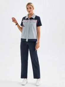 TaskEZ Bộ đồng phục y tá phẫu thuật 2 món áo cánh ngắn tay cài nút màu tương phản và quần dài màu trơn - Nhiều màu - Xem 3