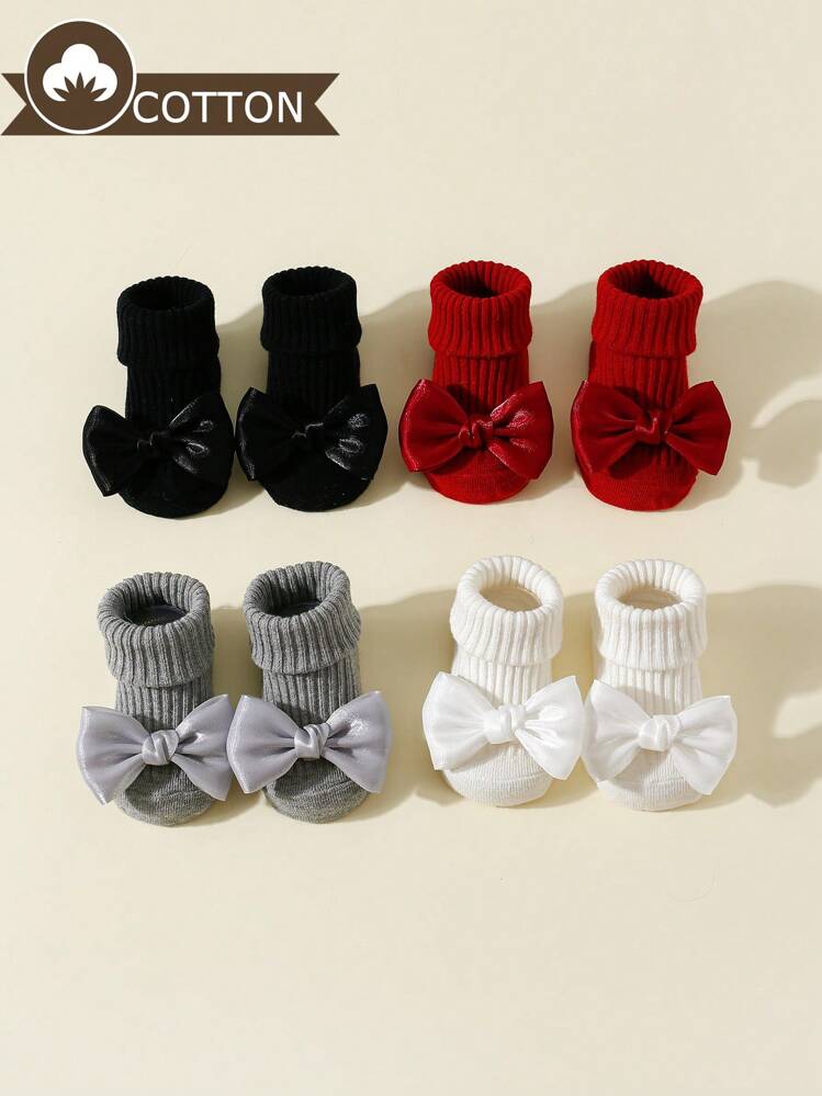 4 đôi tất cao đến đầu gối chống trượt có họa tiết nơ cho bé gái dùng cho mọi mùa, tất đi sàn chống trượt trong nhà dành cho trẻ mới biết đi - Nhiều màu - Xem 2