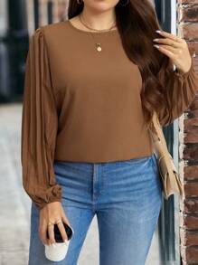 SHEIN LUNE Plus Size Plain Crew Neck Ruched Long Sleeve Blouse Fall Cloth For Women - Brown - View 1