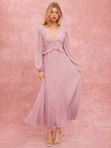 Enchnt 女士优雅纯色灯笼袖褶皱连衣裙，春夏 - 藕粉色 - 查看 7