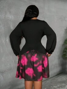 Slaydiva Robe élégante et romantique pour femmes de grande taille, col en V, manches bouffantes, imprimé floral patchwork, contraste de couleurs, taille cintrée, coupe évasée - Multicolore - Voir 2