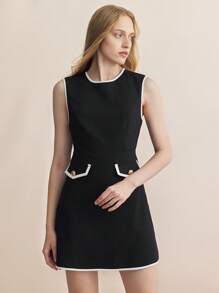 BizChic 女士优雅通勤黑白拼色无袖连衣裙秋季女装 - 黑色 - 查看 6