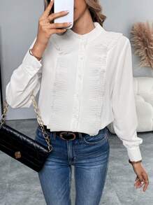 SHEIN LUNE Women's Solid Color Ruffled Long Sleeve Blouse - White - View 6