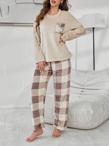 Women's 2 Pieces Teddy Bear Embroidered Top Plaid Pants Flannel Fluffy Pajamas, Fall Winter Clothes