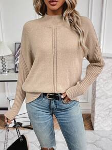 Chiquease Plain Stand Collar Long Sleeve Pullover Sweater, Knit Pullover Fall Winter - Khaki - View 4