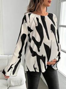 SHEIN Maternity Ripple Print Tie Back Long Sleeve Blouse , And White Blouse