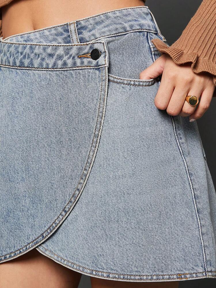 WESTFADE Premium 100% Cotton Denim Casual Wrap Mid Rise Mini Skirt - Light Wash - View 8