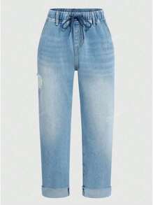 Women's Elastic Waist Washed Denim Long Pants, Suitable For Commuting And Casual Wear, Autumn