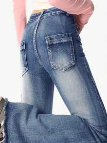 Women's Y2K Vintage Patch Embroidery Flared Denim Jeans - Blue - View 6