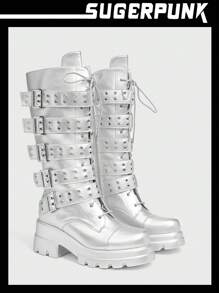 Sugerpunk Women's Outdoor Round Toe Platform Thick Bottom Button PU Leather Fashion Comfortable Daily Party Side Zipper Lace-Up Boots