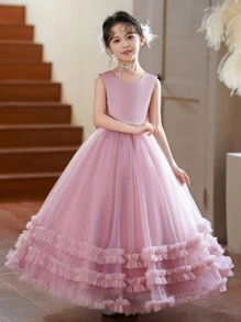 SHEIN Tween Girls' Luxury Fashion Chiffon Dress, Elegant Princess Style Dress Ball Gown For Piano Performance And Hosts - Pink - View 3
