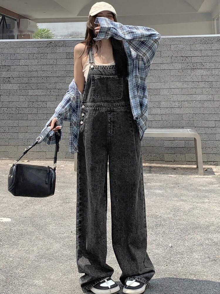 Women's Solid Color Denim Bib Pants Overalls