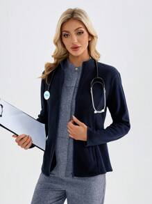 TaskEZ Plain Zipper Front Long Sleeve Pocket Uniform Scrub Jacket - Navy Blue - View 8