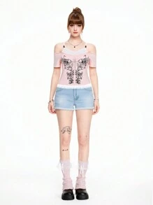 ROMWE Goth Women Off Shoulder Backless Short Sleeve Floral Lace Trim Sweet T-Shirt