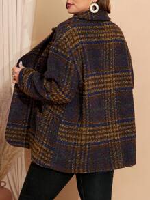EMERY ROSE Plus Size Women's Plaid Lapel Thermal Long Sleeve Knitted Coat, Fall/Winter