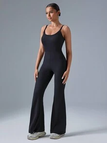 VARSITIE 纯色露背喇叭女式运动连体裤 - 黑色 - 查看 5