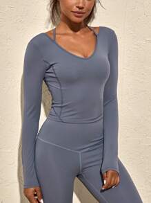 VARSITIE 纯色长袖修身无缝女式运动 T 恤，蓝色上衣