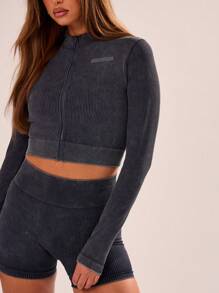 Musera Sport Chaqueta deportiva de ajuste ceñido acanalada solo con cuello alto, mangas largas y cierre con cremallera