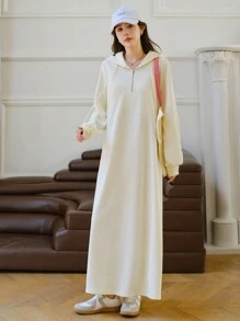 EastFlair Váy nỉ dài tay có mũ trùm đầu rút dây kéo thời trang thu đông cho nữ - Màu be - Xem 4