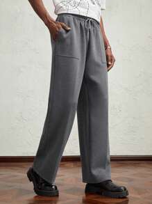 AKNOTIC Business Casual Quần dài thường ngày dệt kim dáng rộng ống rộng cho nam, cạp vừa, nhiều túi, màu xám đậm - Màu xám đen - Xem 3