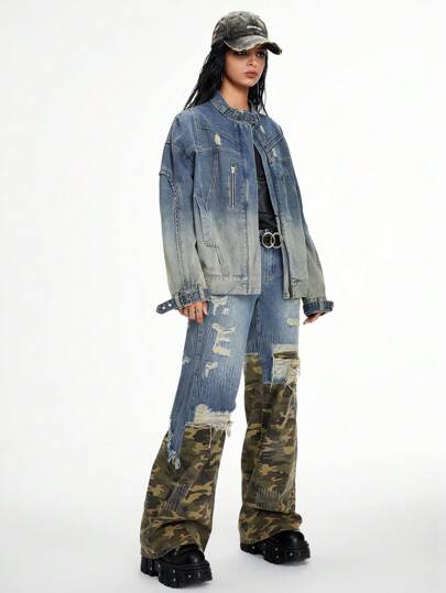 Grunge Punk Chaqueta vaquera de mujer de manga larga, hombros caídos, suelta y desgastada