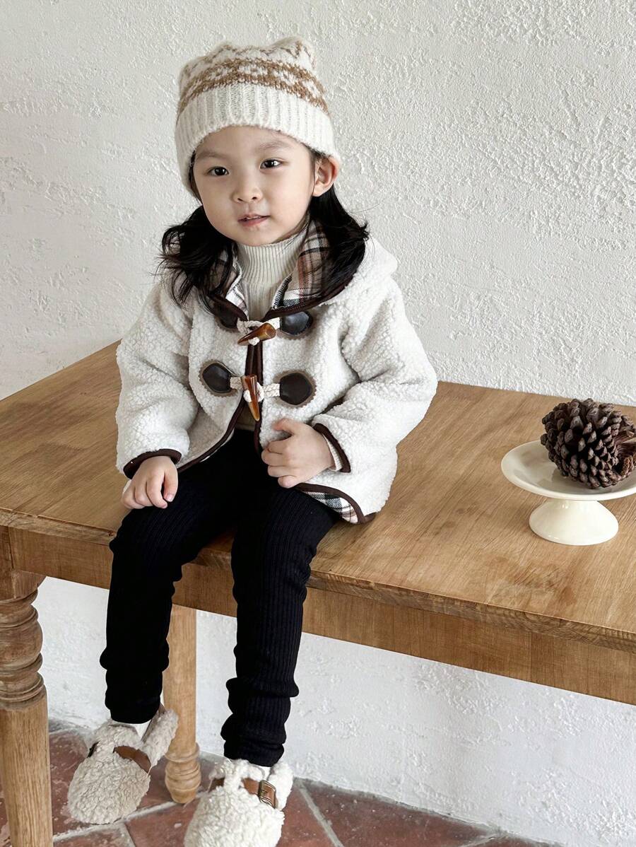 SHEIN Baby Girls Lamb Fleece Plaid Lining Button Design Plus Fleece Thick Jacket, Fashionable For Autumn Winter - Multicolor - View 1