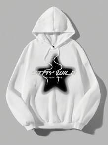 SHEIN EZwear Sudadera holgada de mujer con capucha, cordón y patrón de estrella minimalista casual, otoño/invierno