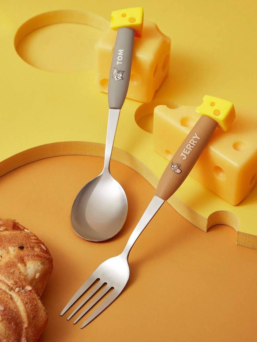TOM & JERRY X SHEIN Cute Cartoon Cheese Shaped Silver 2 Pieces Spork Set, Tableware, Tableware, - Multicolor - View 1
