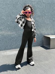 SHEIN Tween 女童休闲针织连体裤和格子纽扣衬衫 2 件套，母女配套服装（2 套单独出售） - 黑與白 - 查看 4